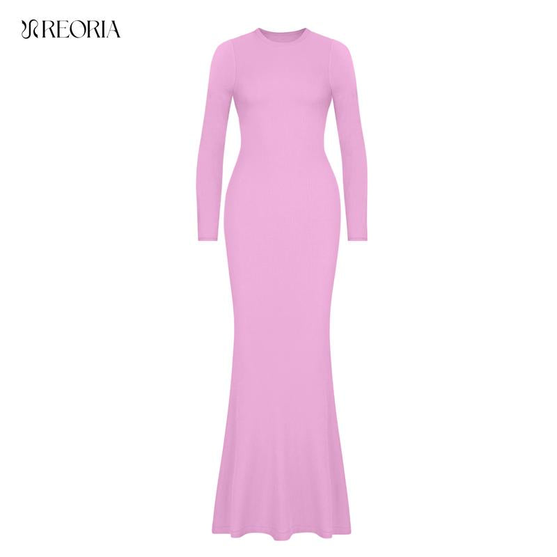 REORIA Women'S Sexy Crew Neck Lounge Long Dress with Fishtail Hem - Machine Washable, Summer Elegant Long Sleeve Ribbed Bodycon Maxi Dresses Spring Layer Casual Womenswear, Elegant & Versatile for Any Occasion