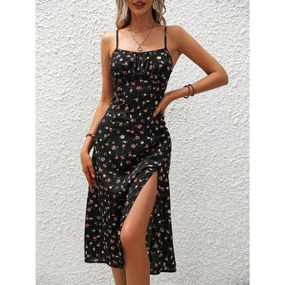 Edgy Floral Print Split Dress, Elegant Spaghetti Strap Midi Dress, Women'S Clothing Casual Fabric