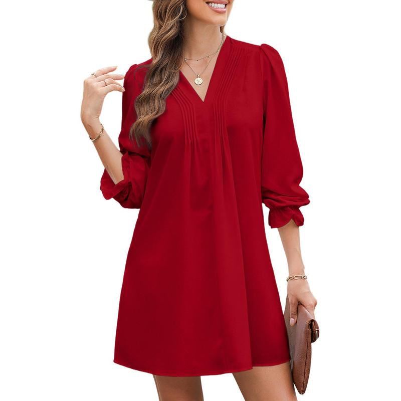 Dokotoo Womens Casual Dress A-Line Ruffle Sleeve V Neck Midi Dress 2025 Fashion Pleated Flowy Sundress Loose Shirt Dresses