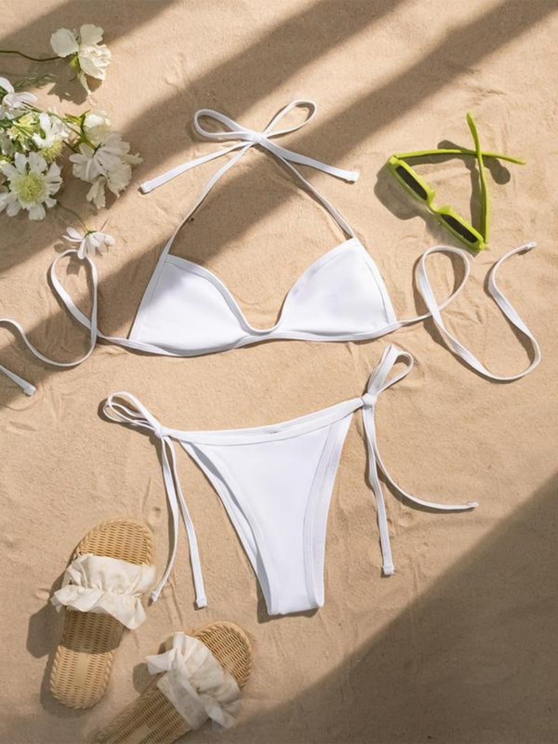 Two-Piece Set Women'S Plain / Colorblock Bikinis for Summer, Halter Tie Back Bikini Top & Tie Side High Cut Bikini Bottom, Ladies Summer Swimwear for Beach Holiday Vacation