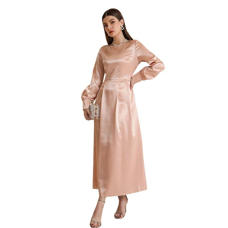 Muslim Autumn Women'S High Waist Dress with Headscarf