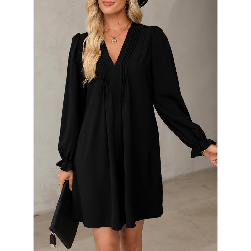 Dokotoo Womens Casual Dress A-Line Ruffle Sleeve V Neck Midi Dress 2025 Fashion Pleated Flowy Sundress Loose Shirt Dresses