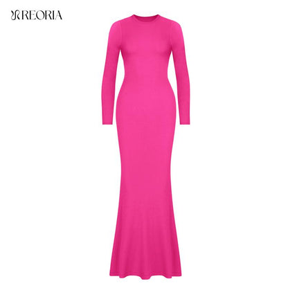 REORIA Women'S Sexy Crew Neck Lounge Long Dress with Fishtail Hem - Machine Washable, Summer Elegant Long Sleeve Ribbed Bodycon Maxi Dresses Spring Layer Casual Womenswear, Elegant & Versatile for Any Occasion
