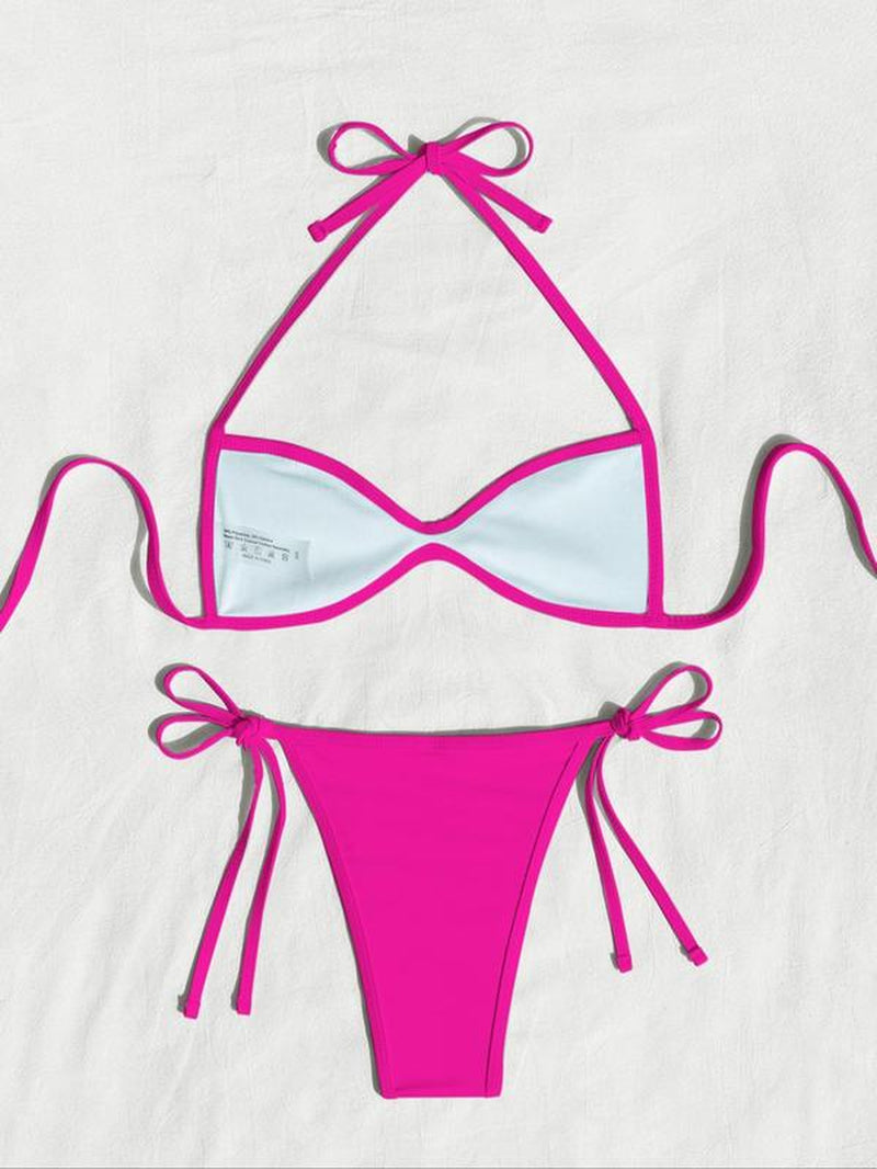 Two-Piece Set Women'S Plain / Colorblock Bikinis for Summer, Halter Tie Back Bikini Top & Tie Side High Cut Bikini Bottom, Ladies Summer Swimwear for Beach Holiday Vacation