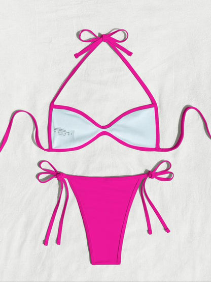 Two-Piece Set Women'S Plain / Colorblock Bikinis for Summer, Halter Tie Back Bikini Top & Tie Side High Cut Bikini Bottom, Ladies Summer Swimwear for Beach Holiday Vacation