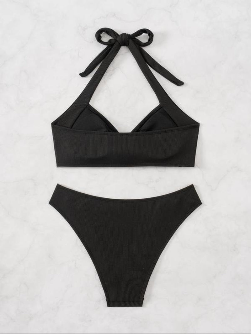 Women'S Solid O-Ring Knot Halter Bikinis Set, Casual Wireless Swim Top & High Cut Swim Bottom, Ladies Summer Swimwear for Beach Holiday Vacation, Bikini Swimsuits