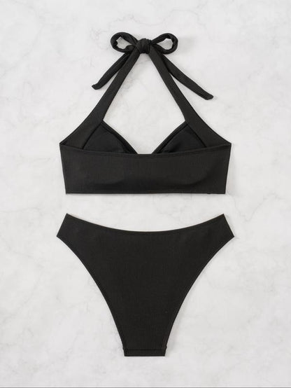 Women'S Solid O-Ring Knot Halter Bikinis Set, Casual Wireless Swim Top & High Cut Swim Bottom, Ladies Summer Swimwear for Beach Holiday Vacation, Bikini Swimsuits