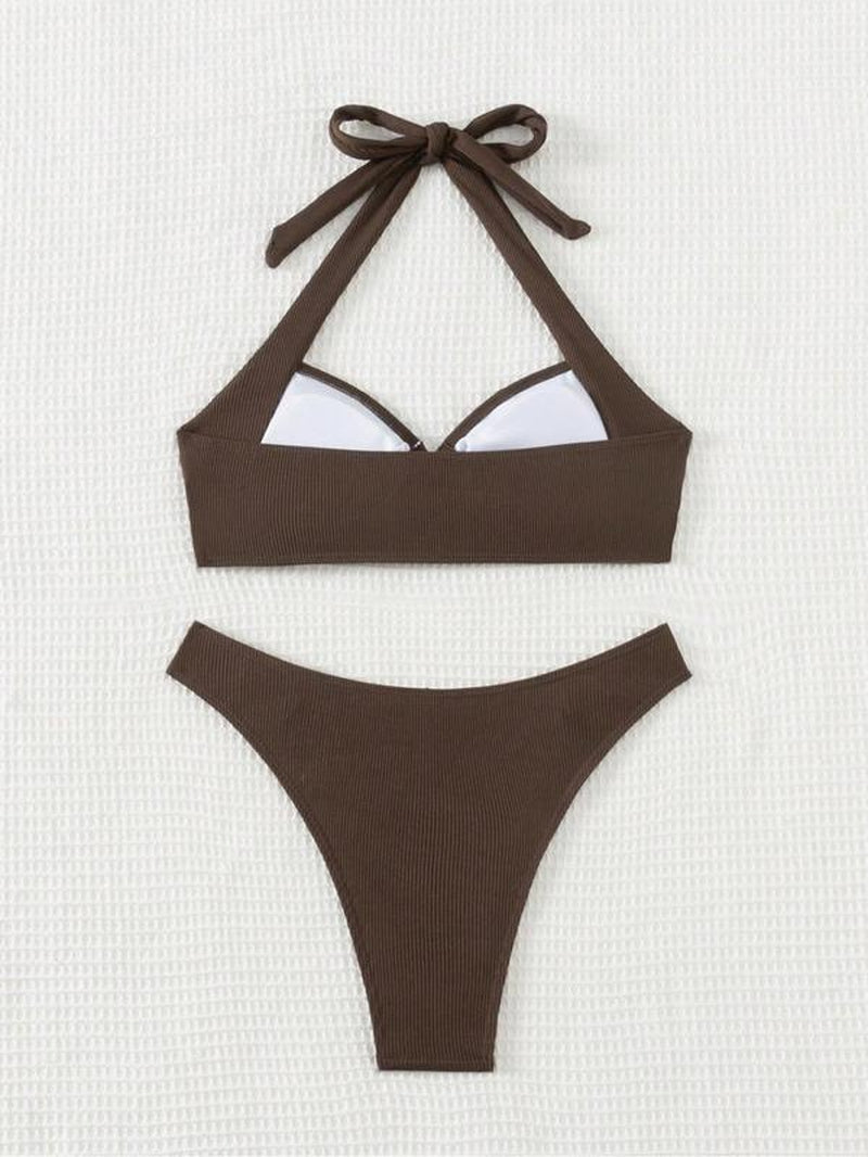 Women'S Solid O-Ring Knot Halter Bikinis Set, Casual Wireless Swim Top & High Cut Swim Bottom, Ladies Summer Swimwear for Beach Holiday Vacation, Bikini Swimsuits