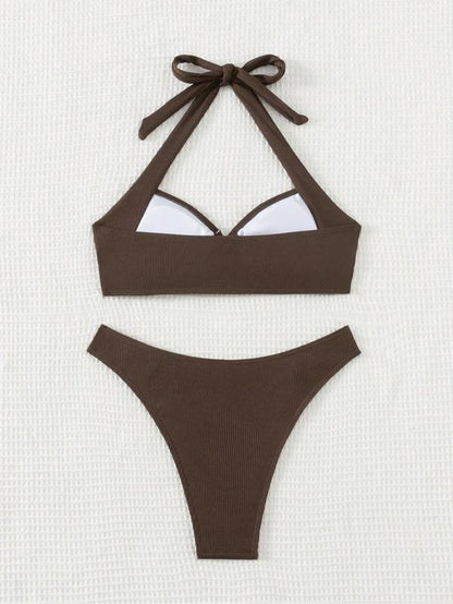 Women'S Solid O-Ring Knot Halter Bikinis Set, Casual Wireless Swim Top & High Cut Swim Bottom, Ladies Summer Swimwear for Beach Holiday Vacation, Bikini Swimsuits