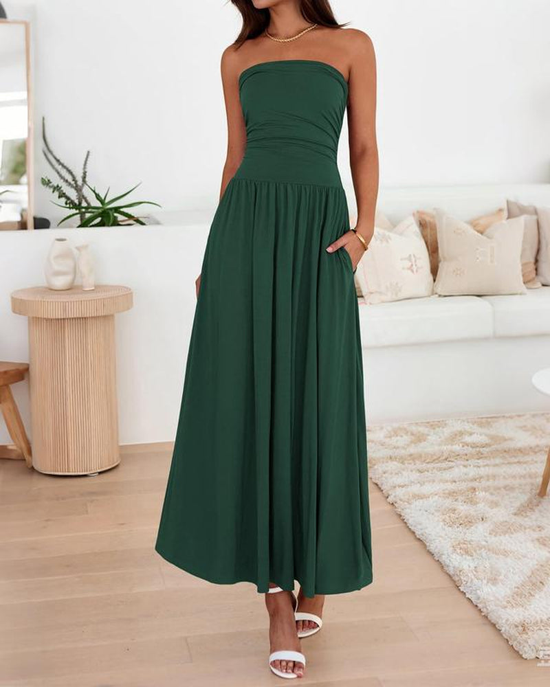 BTFBM Women Strapless Tube Top Dress Summer 2025 Sleeveless Ruched Flowy Cocktail Wedding Guest Maxi Dresses with Pocket