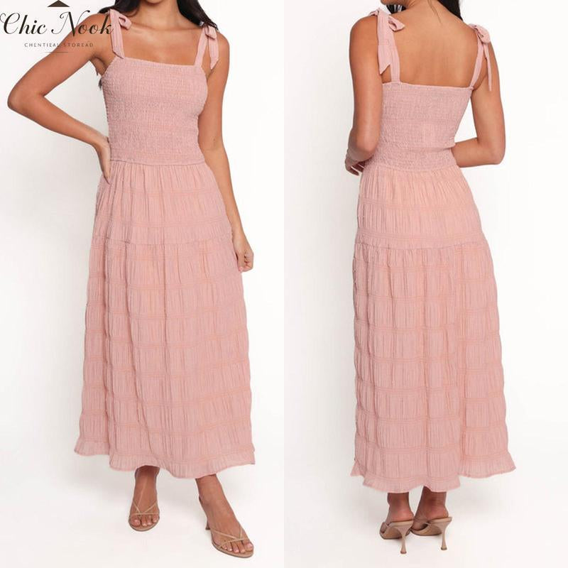 Women Long Dress Solid Color Ruched Tie-Up Straps Cami Dress Summer Fashion Sleeveless Casual Dress