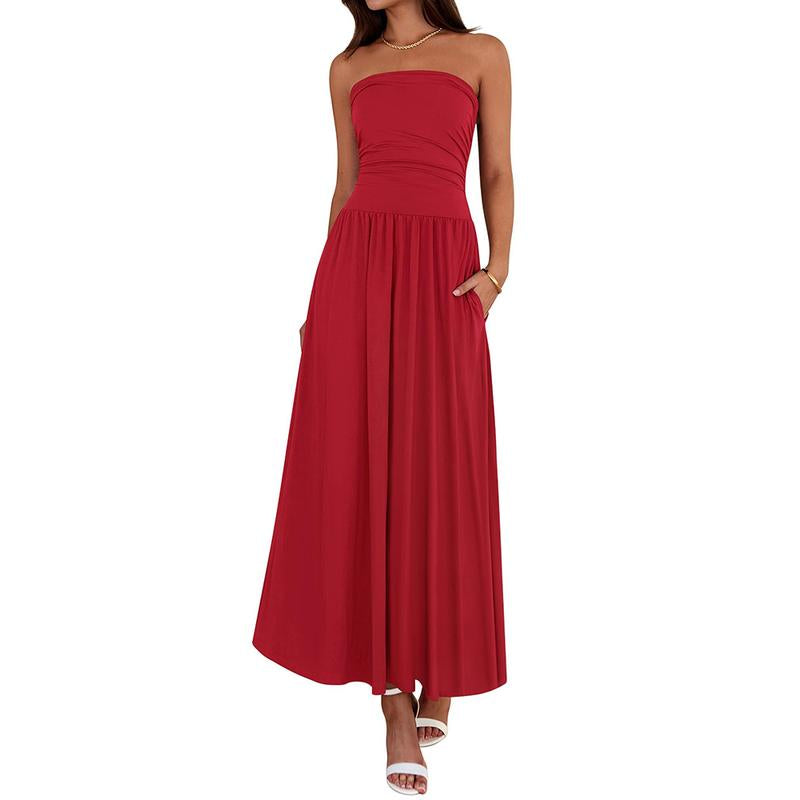 BTFBM Women Strapless Tube Top Dress Summer 2025 Sleeveless Ruched Flowy Cocktail Wedding Guest Maxi Dresses with Pocket
