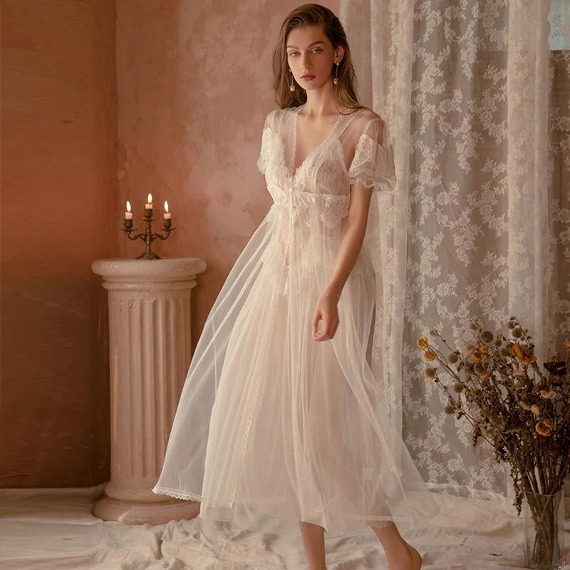 Palace Style Lingerie Set with Robe Mesh Pajamas Sexy Night Dress Sleepwear Set Perspective Nightgown Long Robe Winter New