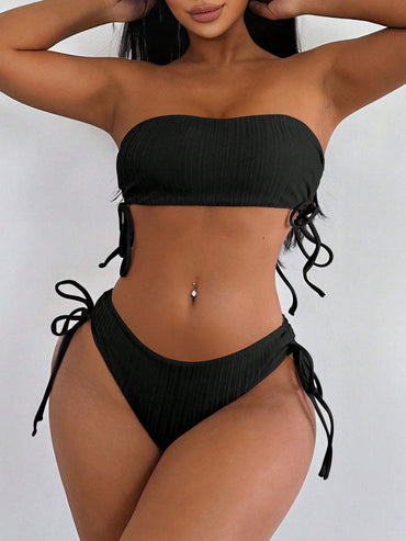 Swim Ladies' Solid Color Strapless Bandeau Bikini Set with Swim Trunks, Summer Beach