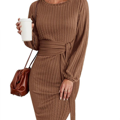 Women'S Elegant Knit Dress Long Lantern Sleeve Fall Bodycon Crewneck Tie Waist Rib Knitted Sweater Dresses Basic Chic Minimalist Sizes Run Small Petite