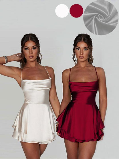 Women'S Plain Lace up Backless Tiered Layer Satin Cami Dress, Summer Clothes Women, Elegant Cowl Neck Sleeveless a Line Short Dress for Party Holiday Wedding Guest, Dresses for Women