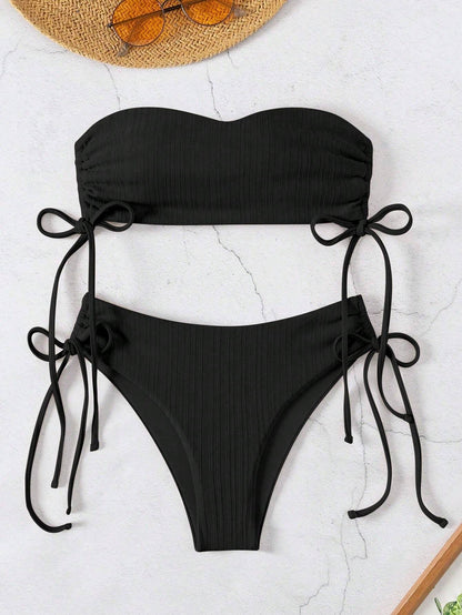 Swim Ladies' Solid Color Strapless Bandeau Bikini Set with Swim Trunks, Summer Beach