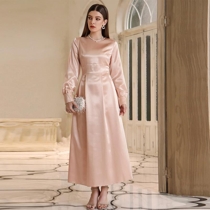 Muslim Autumn Women'S High Waist Dress with Headscarf