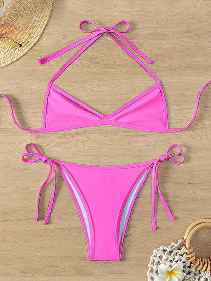 Two-Piece Set Women'S Plain / Colorblock Bikinis for Summer, Halter Tie Back Bikini Top & Tie Side High Cut Bikini Bottom, Ladies Summer Swimwear for Beach Holiday Vacation