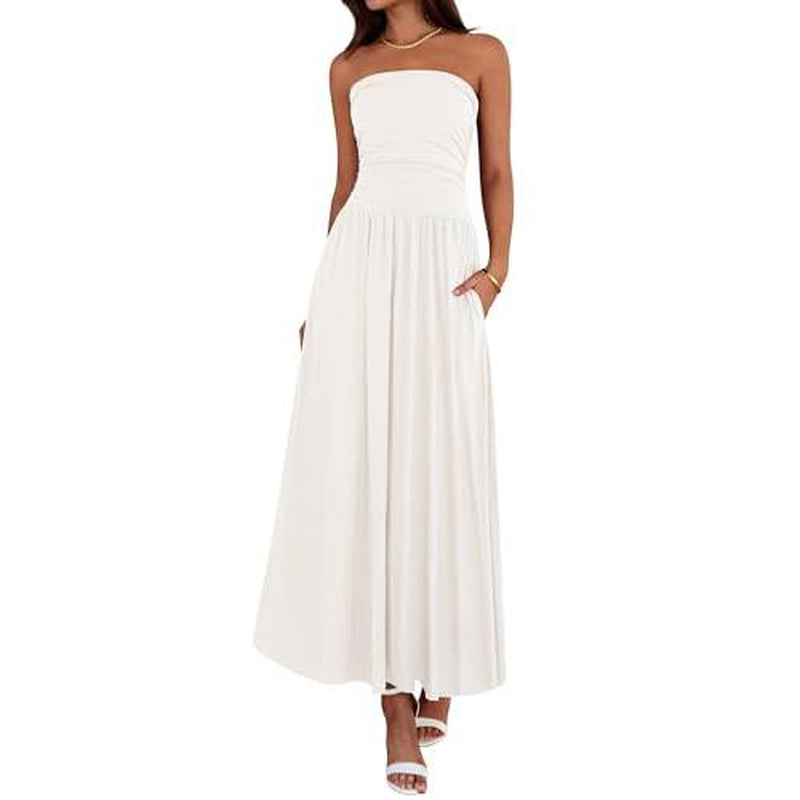BTFBM Women Strapless Tube Top Dress Summer 2025 Sleeveless Ruched Flowy Cocktail Wedding Guest Maxi Dresses with Pocket
