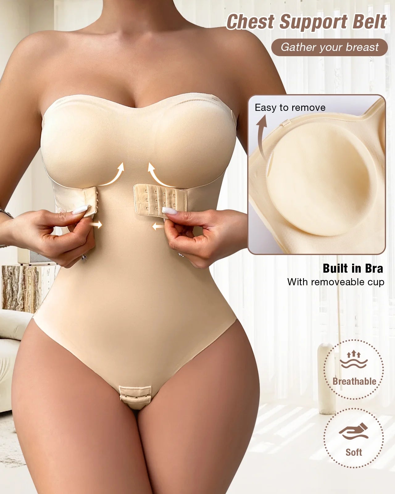 Strapless Shapewear Bodysuits for Women Tummy Control Shapewear Thong Bodysuit with Built in Bra Seamless Sculpting Body Shaper