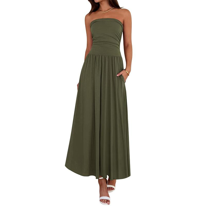 BTFBM Women Strapless Tube Top Dress Summer 2025 Sleeveless Ruched Flowy Cocktail Wedding Guest Maxi Dresses with Pocket