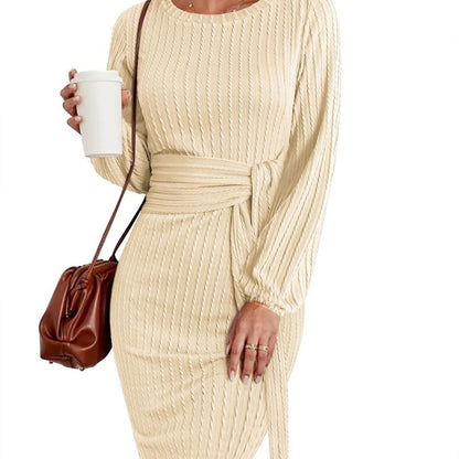 Women'S Elegant Knit Dress Long Lantern Sleeve Fall Bodycon Crewneck Tie Waist Rib Knitted Sweater Dresses Basic Chic Minimalist Sizes Run Small Petite