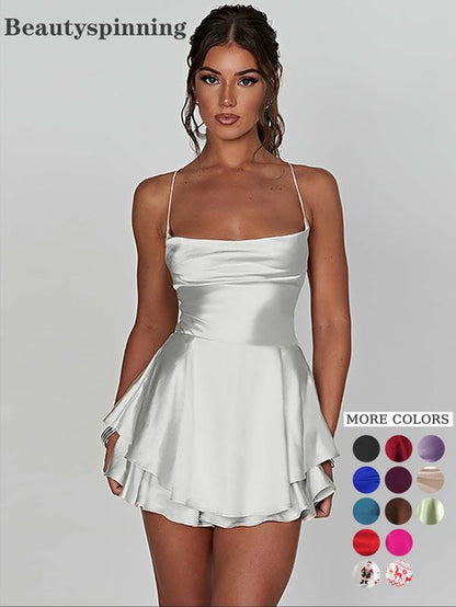 Women'S Plain Lace up Backless Tiered Layer Satin Cami Dress, Summer Clothes Women, Elegant Cowl Neck Sleeveless a Line Short Dress for Party Holiday Wedding Guest, Dresses for Women