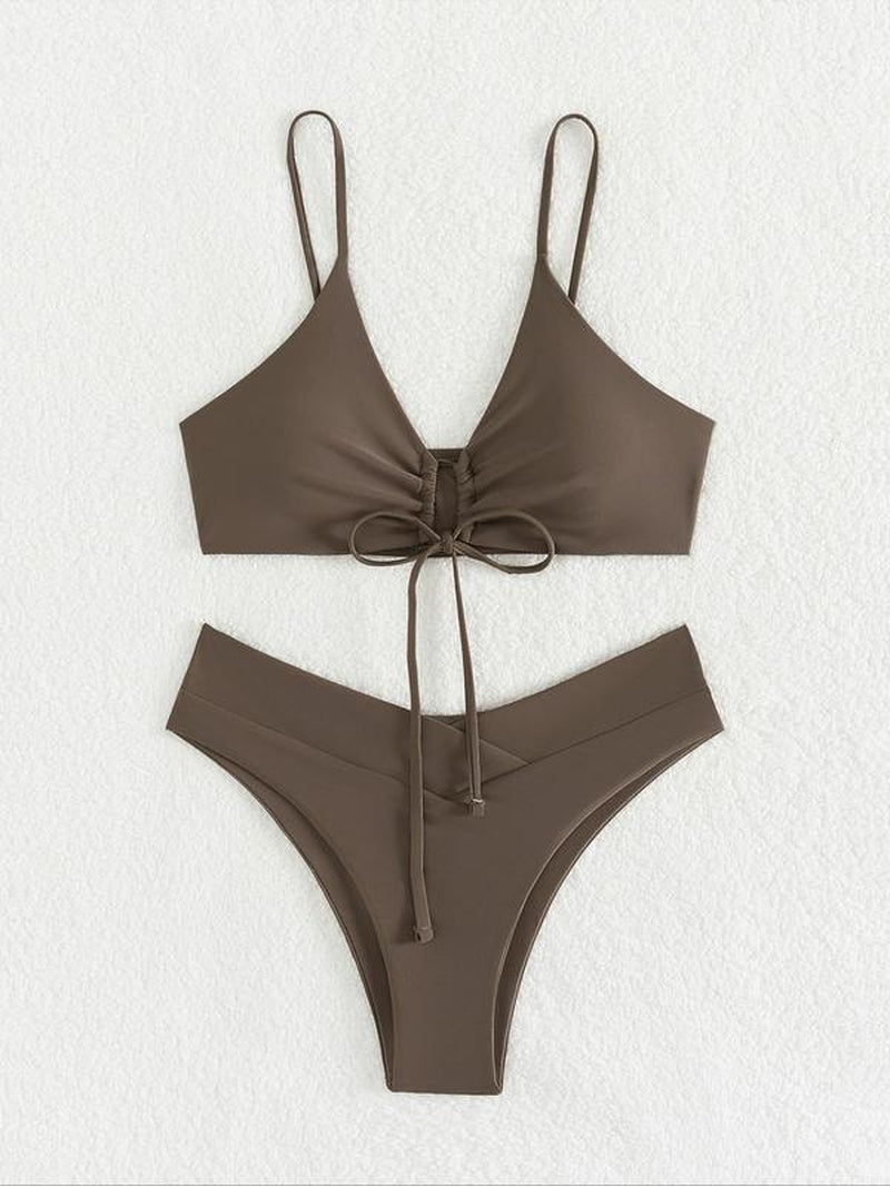 Women'S Solid Drawstring Ruched Wrap Bikinis Set, Adjustable Strap Swim Top & High Cut Swim Bottom, Ladies Swimsuit for Summer Beach Holiday Vacation