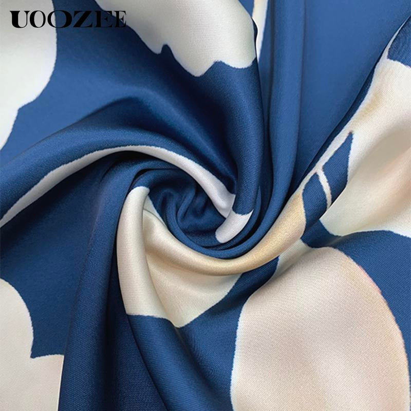 UOOZEE High-End Satin Print Dress for Women'S Fashion, Deep V-Neck, Cinched Waist, Slimming Lantern Sleeves, Temperament, Commuting Mid Length, Hip Hugging Skirt