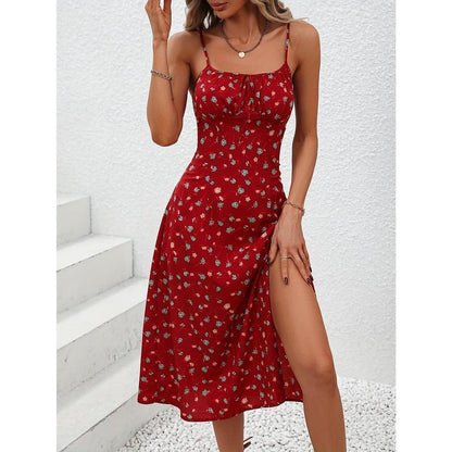 Edgy Floral Print Split Dress, Elegant Spaghetti Strap Midi Dress, Women'S Clothing Casual Fabric