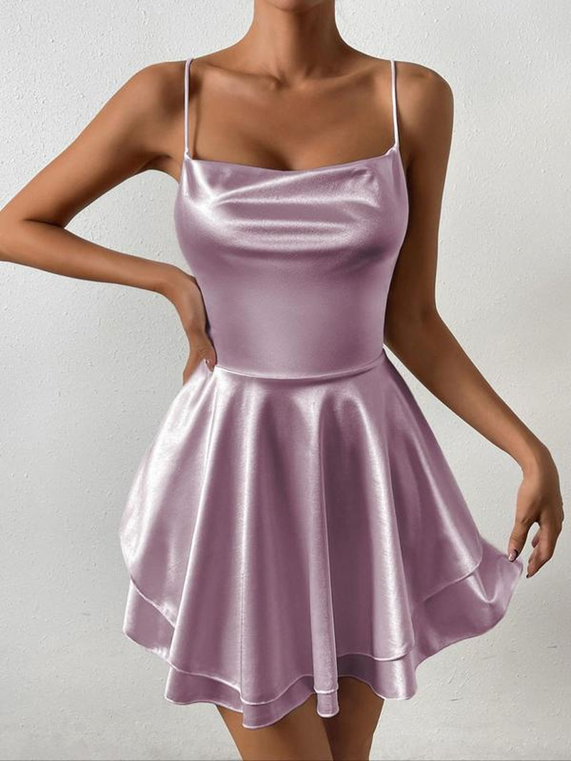 Women'S Plain Lace up Backless Tiered Layer Satin Cami Dress, Summer Clothes Women, Elegant Cowl Neck Sleeveless a Line Short Dress for Party Holiday Wedding Guest, Dresses for Women