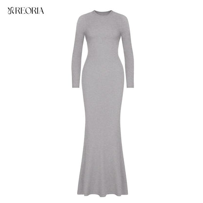 REORIA Women'S Sexy Crew Neck Lounge Long Dress with Fishtail Hem - Machine Washable, Summer Elegant Long Sleeve Ribbed Bodycon Maxi Dresses Spring Layer Casual Womenswear, Elegant & Versatile for Any Occasion