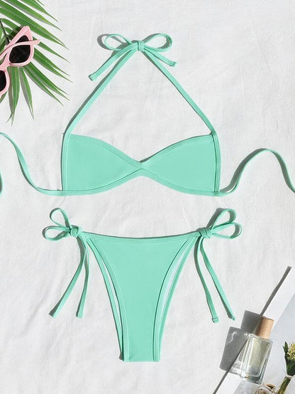 Two-Piece Set Women'S Plain / Colorblock Bikinis for Summer, Halter Tie Back Bikini Top & Tie Side High Cut Bikini Bottom, Ladies Summer Swimwear for Beach Holiday Vacation