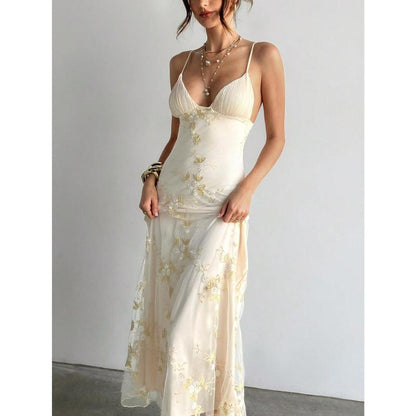 Aloruh Women'S Wedding Season Sexy Elegant Deep V Ruched Bust Embroidered Fitted Waist Romantic Embroidered Maxi Dress Honeymoon Outfits Woman Women Wedding Guest Dress Island Vacation Outfits Look Summer Dresses for Women Wedding Guest Dress Women Sun