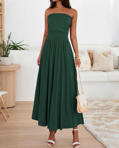 BTFBM Women Strapless Tube Top Dress Summer 2025 Sleeveless Ruched Flowy Cocktail Wedding Guest Maxi Dresses with Pocket