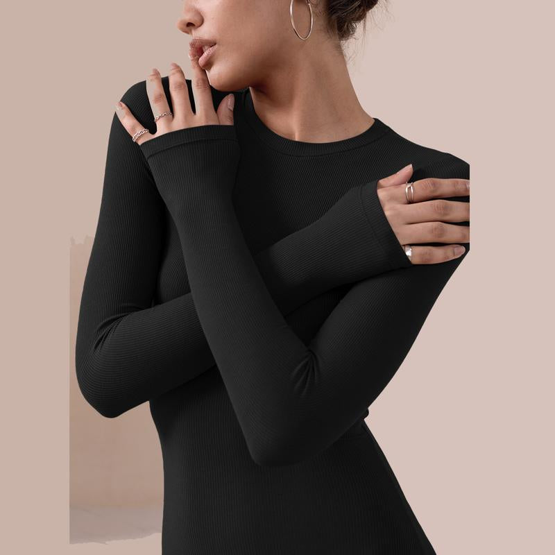 REORIA Women'S Sexy Crew Neck Lounge Long Dress with Fishtail Hem - Machine Washable, Summer Elegant Long Sleeve Ribbed Bodycon Maxi Dresses Spring Layer Casual Womenswear, Elegant & Versatile for Any Occasion