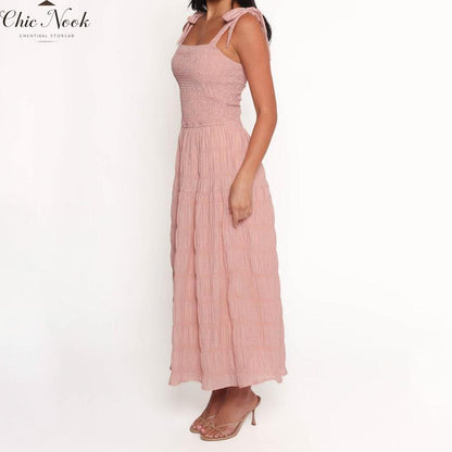 Women Long Dress Solid Color Ruched Tie-Up Straps Cami Dress Summer Fashion Sleeveless Casual Dress