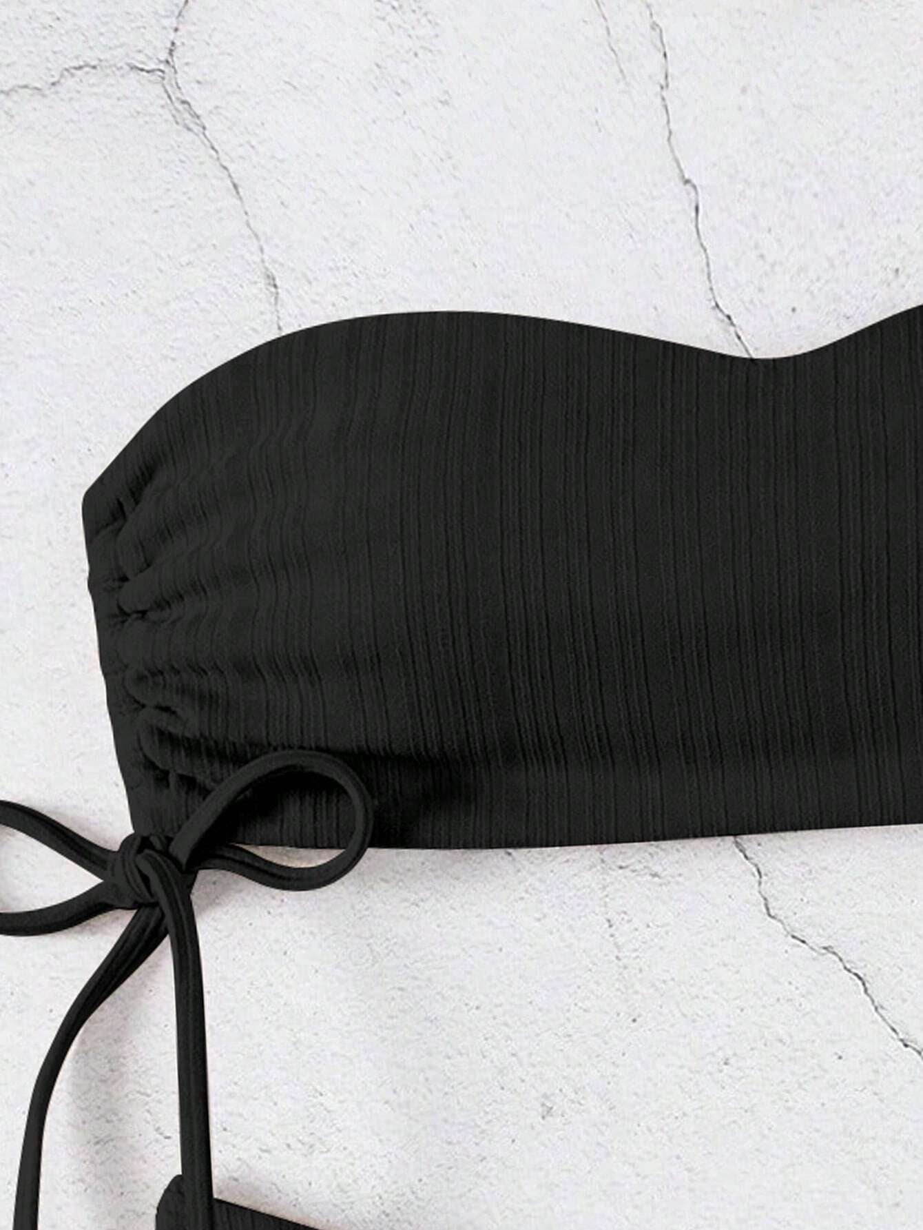 Swim Ladies' Solid Color Strapless Bandeau Bikini Set with Swim Trunks, Summer Beach