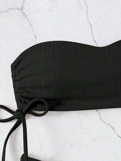 Swim Ladies' Solid Color Strapless Bandeau Bikini Set with Swim Trunks, Summer Beach