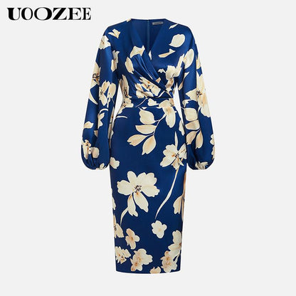 UOOZEE High-End Satin Print Dress for Women'S Fashion, Deep V-Neck, Cinched Waist, Slimming Lantern Sleeves, Temperament, Commuting Mid Length, Hip Hugging Skirt