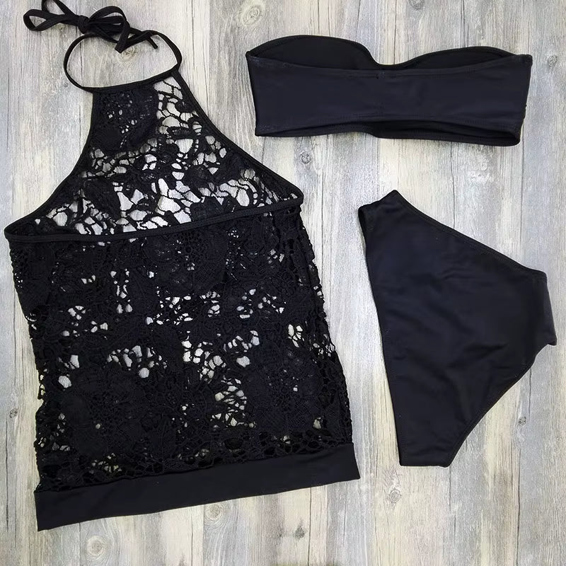 New Sexy Mesh Swimwear Women Lace Tankini Set Three Pieces Bikini Swimsuit See through Swimwear Close up Biquini Bathing Suits