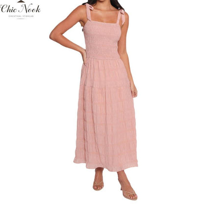 Women Long Dress Solid Color Ruched Tie-Up Straps Cami Dress Summer Fashion Sleeveless Casual Dress