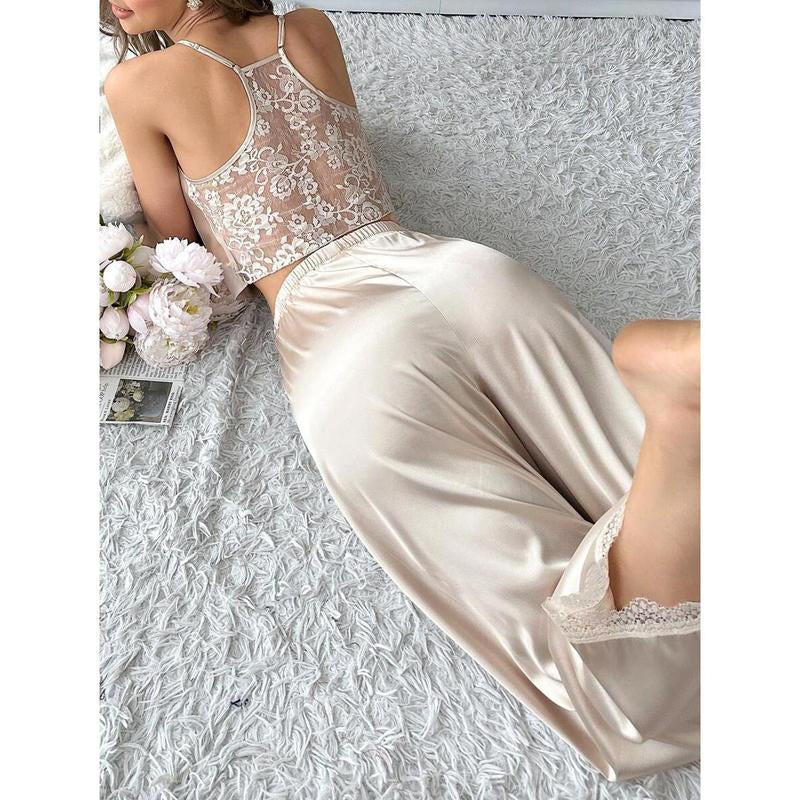 Silkyspell Contrast Lace Cami Top & Satin Pants PJ Set / Pajama Set