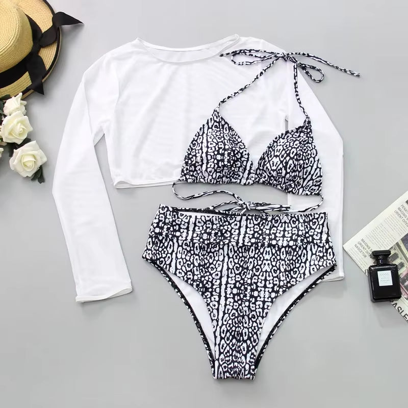 Sexy Neon Orange Bikini 2023 Women Long Sleeve Mesh Cover up 3 Piece Swimsuit High Cut Push up Bathing Suit High Waist Swimwear