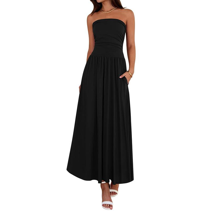 BTFBM Women Strapless Tube Top Dress Summer 2025 Sleeveless Ruched Flowy Cocktail Wedding Guest Maxi Dresses with Pocket