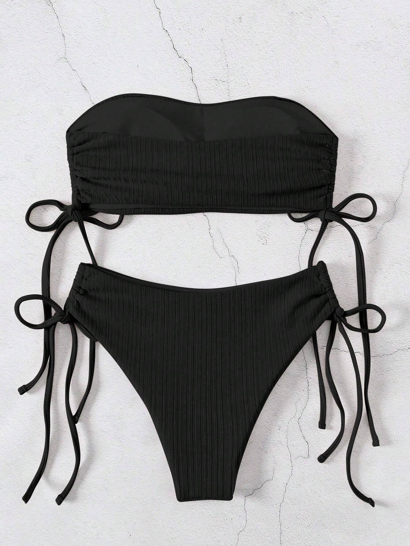 Swim Ladies' Solid Color Strapless Bandeau Bikini Set with Swim Trunks, Summer Beach