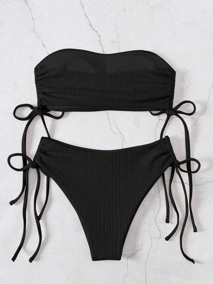 Swim Ladies' Solid Color Strapless Bandeau Bikini Set with Swim Trunks, Summer Beach