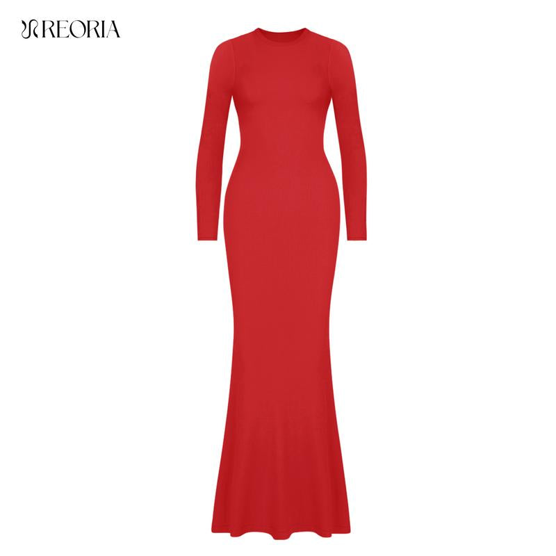 REORIA Women'S Sexy Crew Neck Lounge Long Dress with Fishtail Hem - Machine Washable, Summer Elegant Long Sleeve Ribbed Bodycon Maxi Dresses Spring Layer Casual Womenswear, Elegant & Versatile for Any Occasion