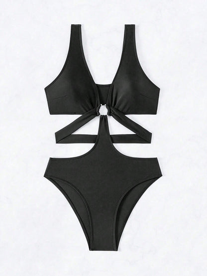 Swim Vcay Summer Beach One Piece Swimsuit with Hollow Out Design and Circle Decorations